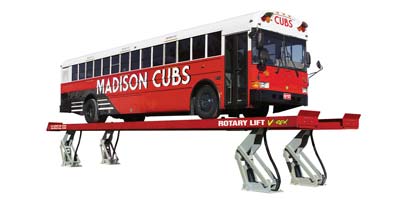 School buse raised on a V-REX44 Lift